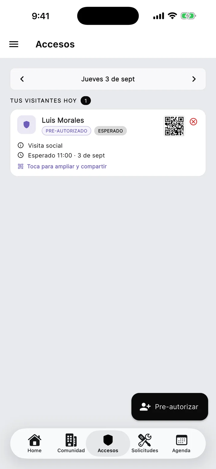 Pase de visita con código QR.