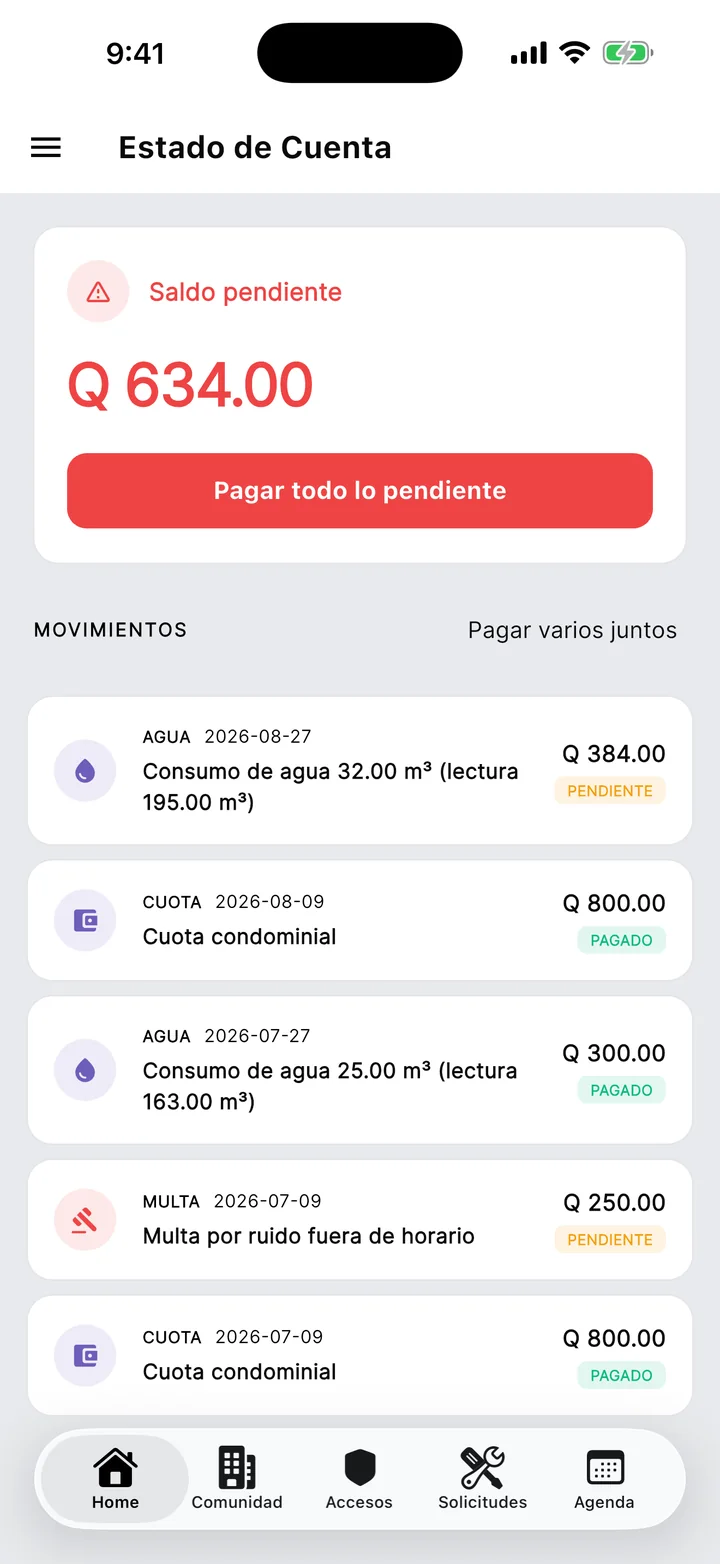 Estado de cuenta con cargos pendientes y botón de pago.