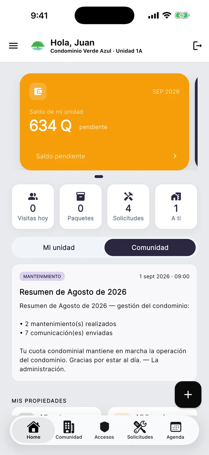 Inicio con saldo y accesos rápidos.