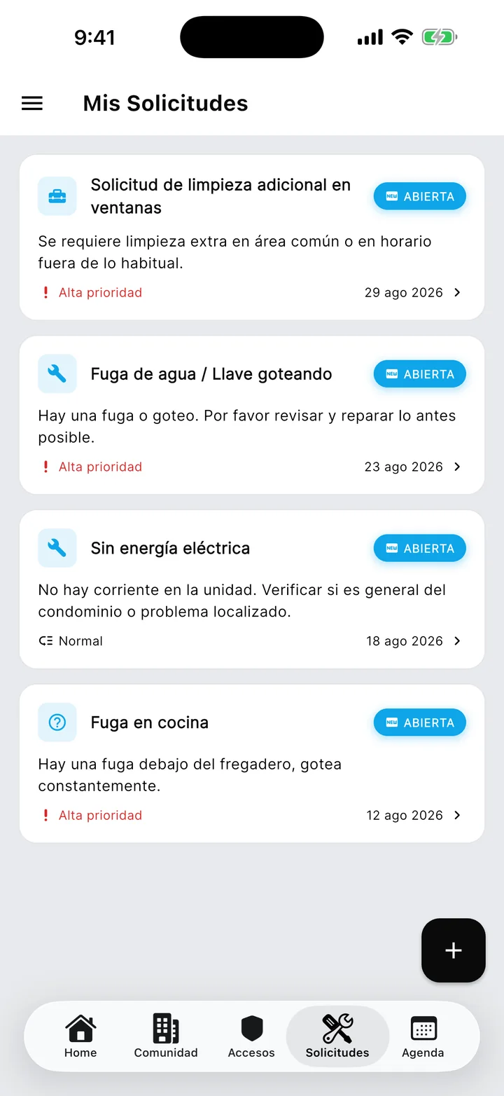 Solicitudes de mantenimiento con su estado.